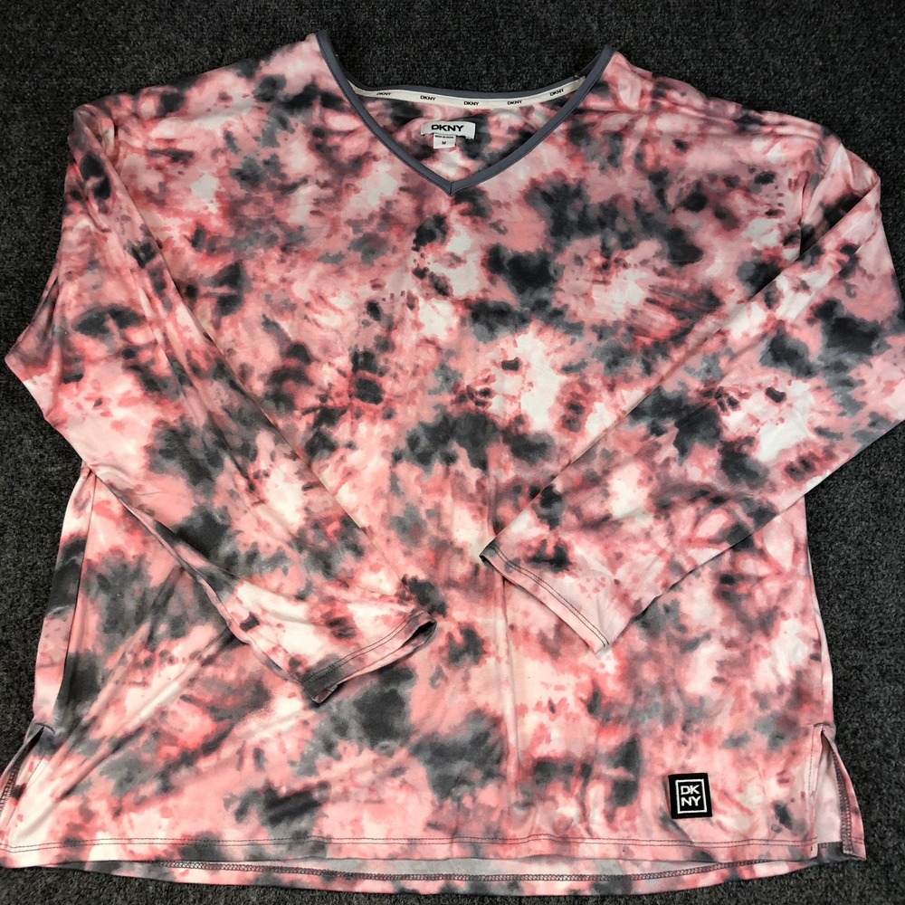 DKNY Pink Gray Tie‎ Dye Long Sleeve V Neck Top Shirt Womens Size Medium